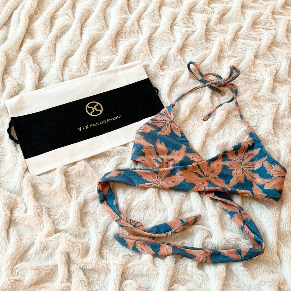 Vix Blue and Tan Floral Wrap Bikini Top